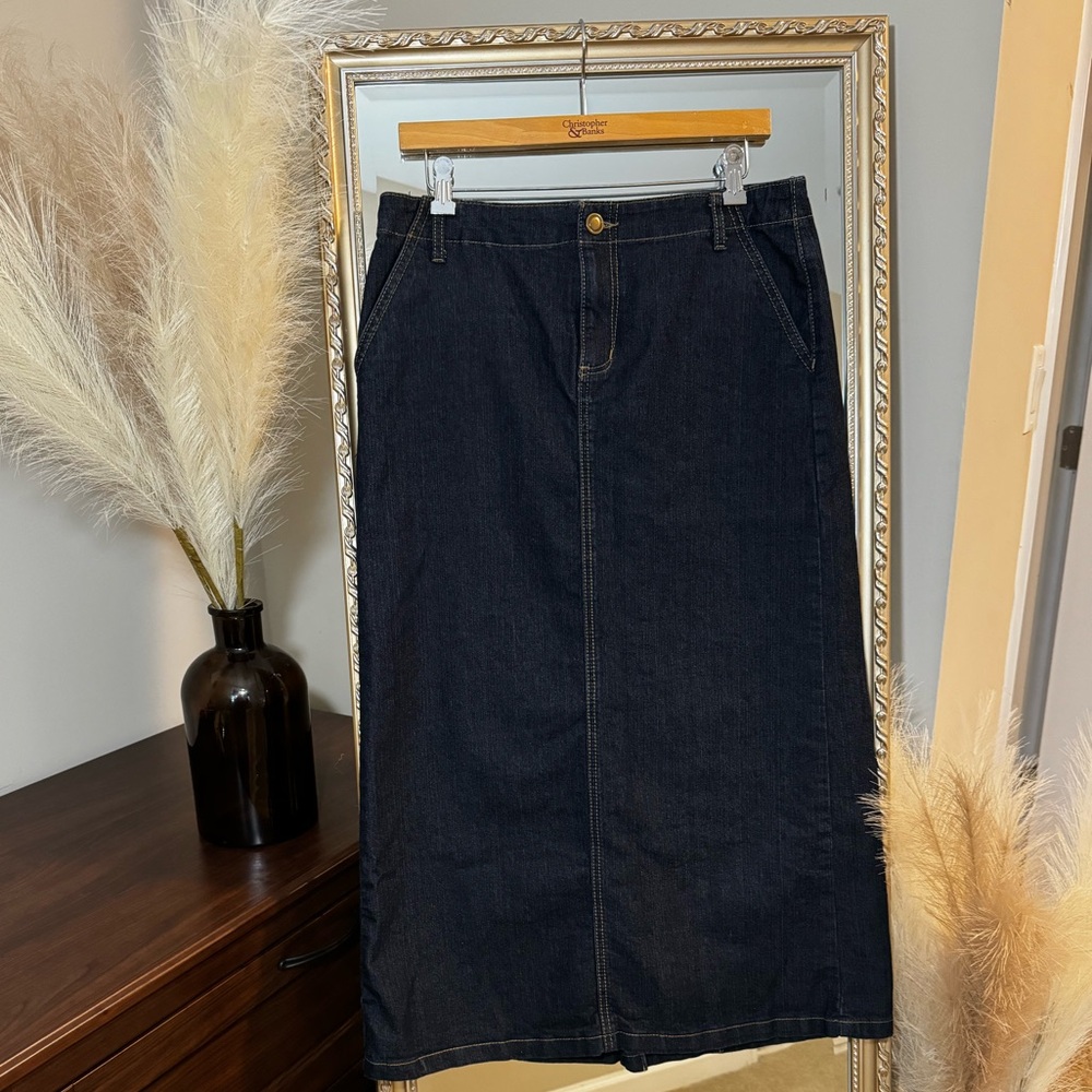 [Size 10] Dark Wash A-Line Denim Skirt w/ Faux Slit - Stretch, Ankle Length